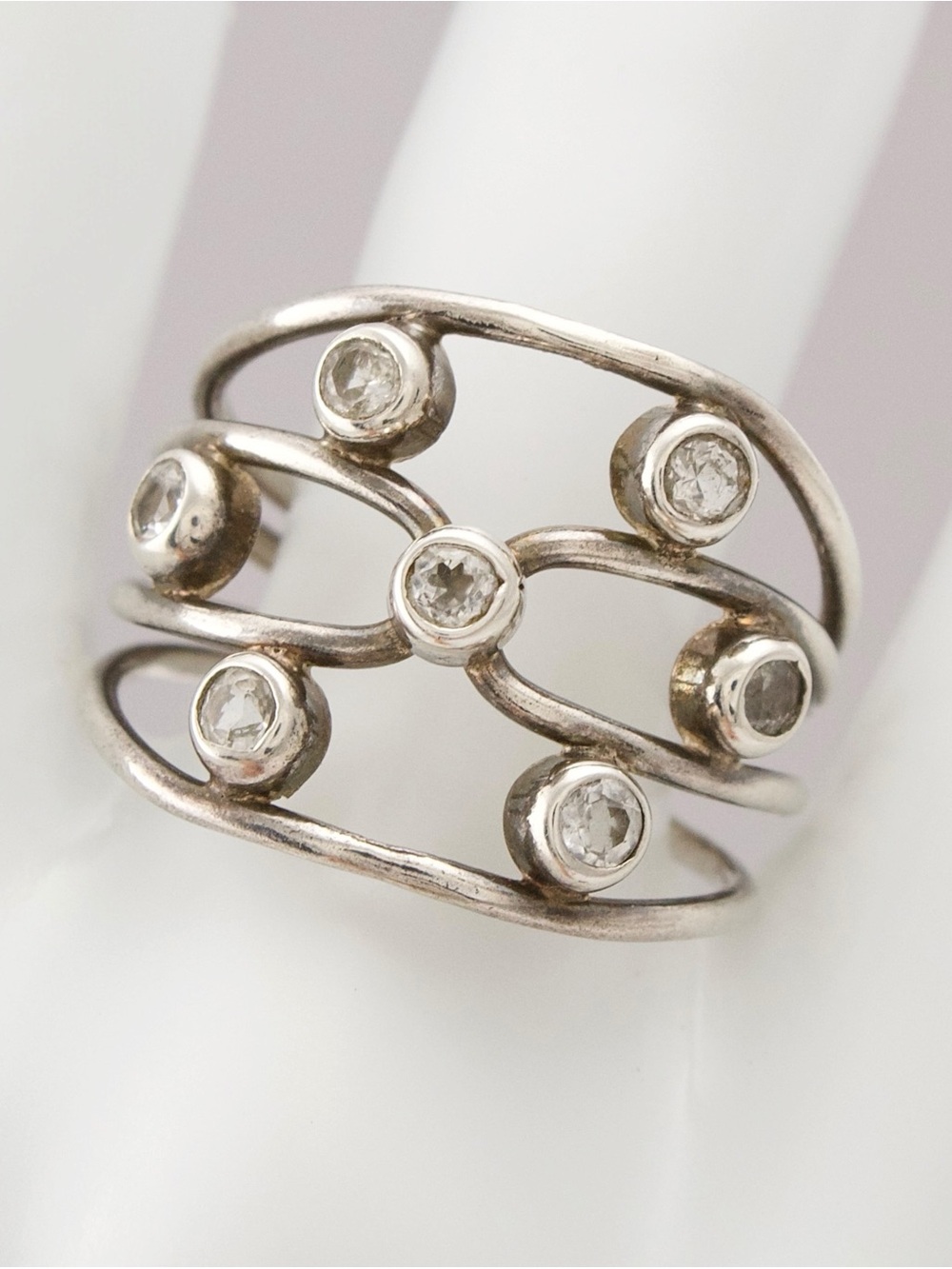 Vintage Sterling Silver Multi-Band Ring with Scattered White Topaz Size 10
